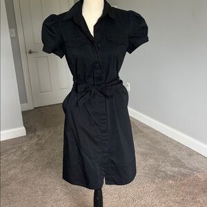 Black Short Sleeve Button-Up Dress with Belt and Pockets